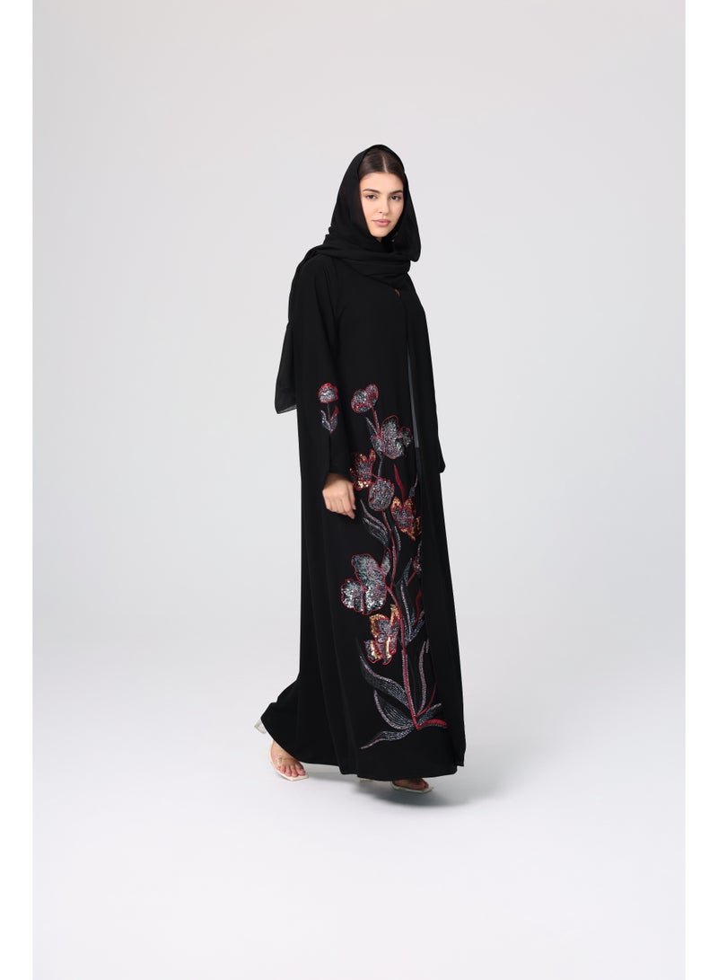 اكسا عباية فاخرة مطرزة بالخرز الملون أسود - Image 3